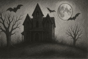Black and white ink illustration of a haunted Victorian house on a hill under a full moon, with twisted trees and bats creating a dark, eerie atmosphere.