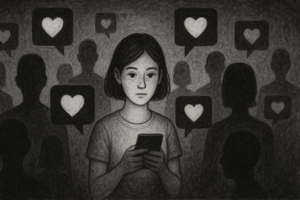 Black and white illustration of a person looking at their phone while surrounded by shadowy figures and heart-like notification symbols, representing social media influence.