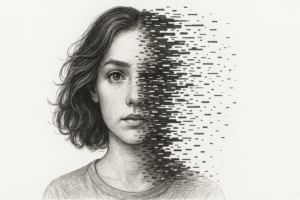 Black and white illustration of a woman with half her face turning into digital noise.