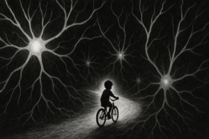 Black and white illustration of a child riding a bicycle in the distance surrounded by subtle neuron-like patterns, symbolizing neurological activity.