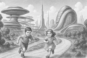 Black and white line illustration of two children running joyfully along a path in a futuristic utopian landscape with curving architecture and towering buildings.