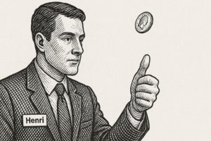 Black and white ink drawing of a man named Henri flipping a coin, used in reference to the minimal group paradigm.