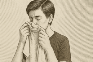 Illustration of woman smelling a shirt, in reference to research on subconscious cues, scent, and attraction.