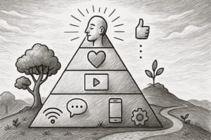Whimsical black-and-white line illustration of Maslow’s hierarchy pyramid reimagined with digital-age symbols, including Wi-Fi, messaging, video, social media, and a self-actualized figure at the top
