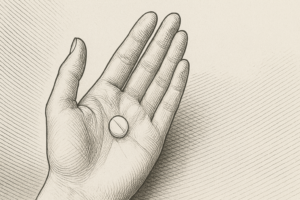 Illustration of a hand holding a pill, in reference to the placebo effect.