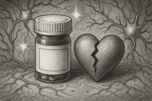Illustration of a broken heart next to a pill bottle with neurons in the background.