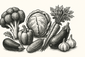 Black and white line illustration filled with vegetables, symbolizing willpower, self-control, and healthy decision-making in psychology.
