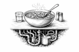 Black and white illustration of a bottomless soup bowl representing how eating behavior is influenced by psychological and environmental cues rather than hunger.