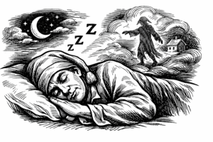 Black and white vintage illustration of a person sleeping with a nightcap, representing the half-awake brain and sleep research.
