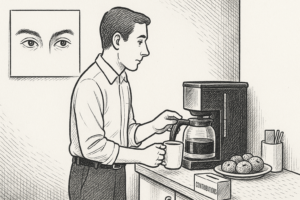 A man getting coffee with a poster of watching eyes and a contributions box on the counter.