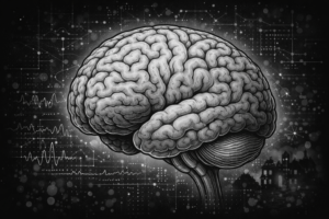 Black and white illustration of a human brain.