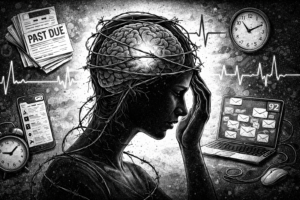 Black and white illustration of a person holding their head as barbed wire wraps around an exposed brain, surrounded by clocks, notifications, and overdue bills, symbolizing chronic stress and its long-term effects on the brain.