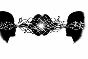 Black and white illustration of two silhouettes connected by shapes and music symbols.