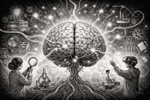 Black and white illustration showing brain plasticity, with neural connections reshaping and branching to represent learning, recovery, and adaptation.