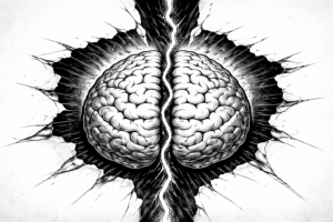 Black and white illustration of a brain split down the middle like a torn image, representing split-brain research and hemispheric independence.