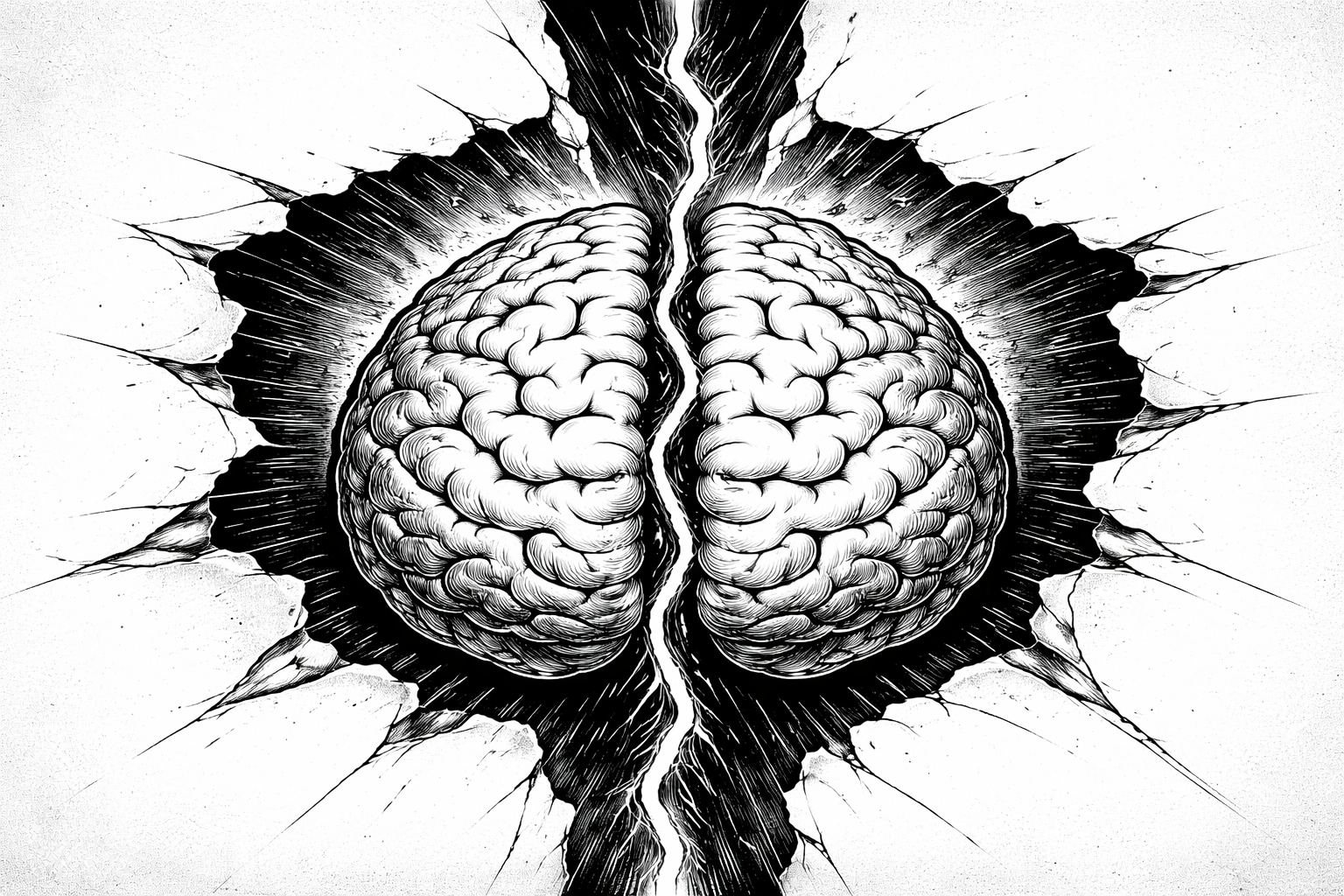 Black and white illustration of a brain split down the middle like a torn image, representing split-brain research and hemispheric independence.
