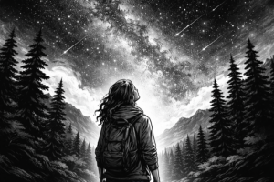 Black and white illustration of a person looking up at a vast starry sky, representing the psychological concept of awe and the small self effect