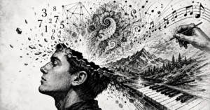 Black-and-white illustrated portrait of a human figure with a cracked skull releasing mathematical symbols, geometric patterns, musical notes, and abstract artistic imagery, representing acquired savant syndrome and hidden brain abilities after traumatic brain injury.