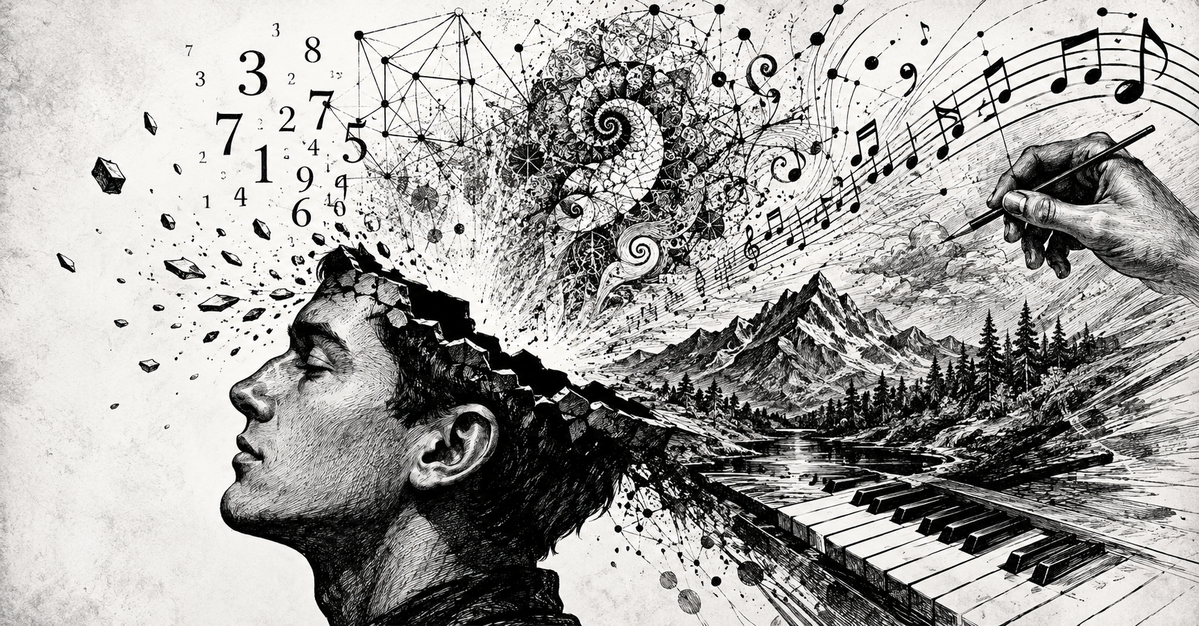 Black-and-white illustrated portrait of a human figure with a cracked skull releasing mathematical symbols, geometric patterns, musical notes, and abstract artistic imagery, representing acquired savant syndrome and hidden brain abilities after traumatic brain injury.