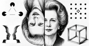 Black-and-white illustration depicting the Thatcher Illusion alongside classic Gestalt psychology concepts, including an inverted face, Rubin's vase, Kanizsa triangle, and Necker cube, illustrating how the brain organizes visual perception.